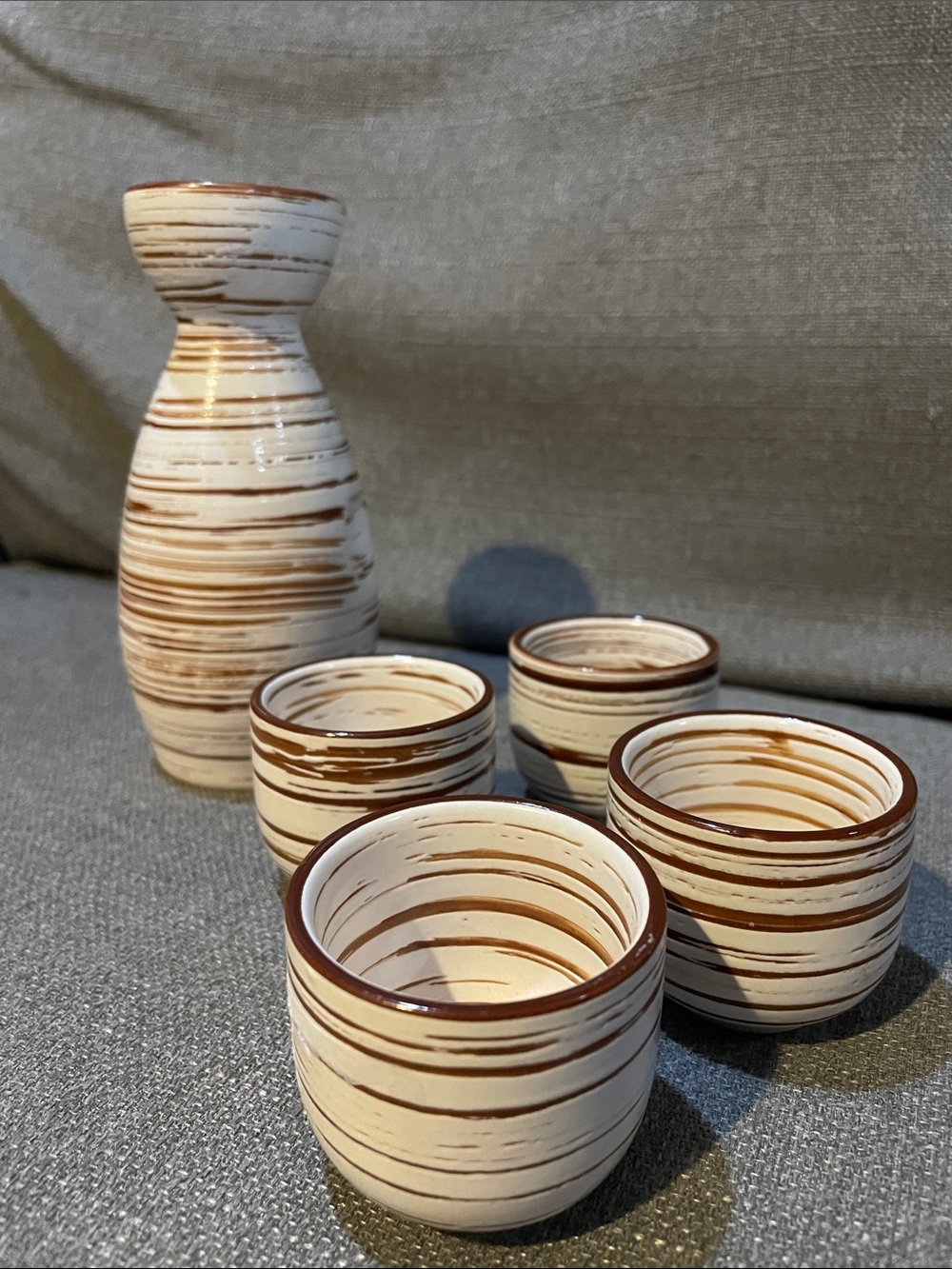 Pier 1 Imports vintage Ivory Brown Sushi & Sake Set Carafe 4 Sake Cups